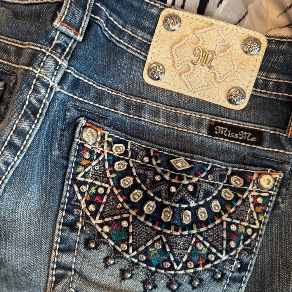 Miss Me Blue Boot Cut Jeans with Ornate Embellishments